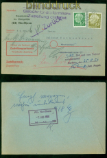 Bund Mi #  191 + 183 MiF Orts-Zustellungsurkunde Nordhorn 4.8.1956 Gebhr(58465)