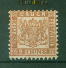 Baden Mi # 20 a ungebraucht Falz 9 Kreuzer Hintergrund wei Zhnung K 10 (58477)