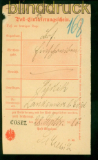 Dt. Reich Cosel Post-Einlieferungsschein 1887 nach Landsmierz bei Cosel (58354)
