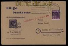 all. Besetzung Bi-Zone Mi # 37 I K EF auf Drucksachenkarte Aachen (31826)