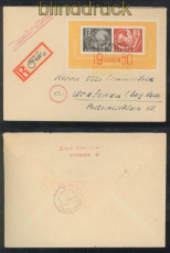 DDR Mi #  Block 7 Debria-Block Ausstellungsbrief mit Sonder-R-Zettel SSt. 1950 (44405)