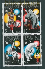 DDR Mi # 2364/67 postfrisch Zirkuskunst im 4er-Block mit 2365 I Plattenfehler (26522)