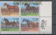 USA Mi # 1767/70 Pferde postfrischer 4er-Block mit Zip-Code (43403)