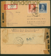 all. Bes. Mi # 963/64 Zensur-R-Brief Frankfurt 1947 nach Baden-Baden (49175)
