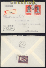 Schweiz # 366 b und 368 MiF auf R-Brief Vevey 22.VIII.1940 nach Fribourg (49974)