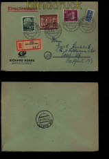 Berlin Mi # 122 und 125 mit Bund # 185 MiF R-Brief Braunschweig 1954 nach Soest (51745)