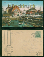 Kiel farb-AK Patie am Hafen mit Fischhalle + Knigl. Schloss Bahnpost 1912(d8400