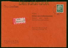 Bund Mi #  265 EF Einschreiben M�nchen nach Pforzheim 90 Pfg. Heuss II (54258)