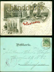 Wiesbaden Litho-AK Gruss aus ..... drei Ansichten 1899 nach Mnchen (d9129)