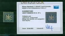 Wrttemberg Mi #  27 c ungebraucht mit Neugummi Fotobefund Irtenkauf BPP (53912)