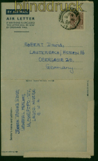 Nigeria Luftpostleichtbrief aus Lagos 1950 nach Lauterbach (54752)