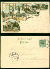 Halle a/S. Litho-AK Gruss aus ..... vier Ansichten Bahnpost 1899 Halberst(d9644)