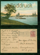 Kln a. Rhein farb-AK Partie am Rhein 1908 in die USA (d9394)