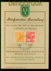 all. Bes. Mi # 945 + 952 Gedenkblatt Briefmarkenausstellung Hemer Mai 1947(56114