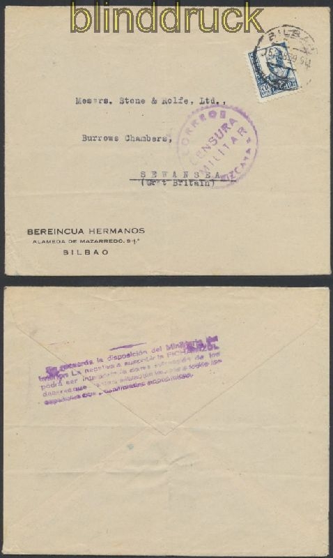 Spanien Auslands Zensur Brief Bilbao 1939 Spanische Zensur Nach