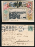 HAMBURG farb-Prge-AK An der Alster mit Briefmarkenabbildungen 1908 (d7119)